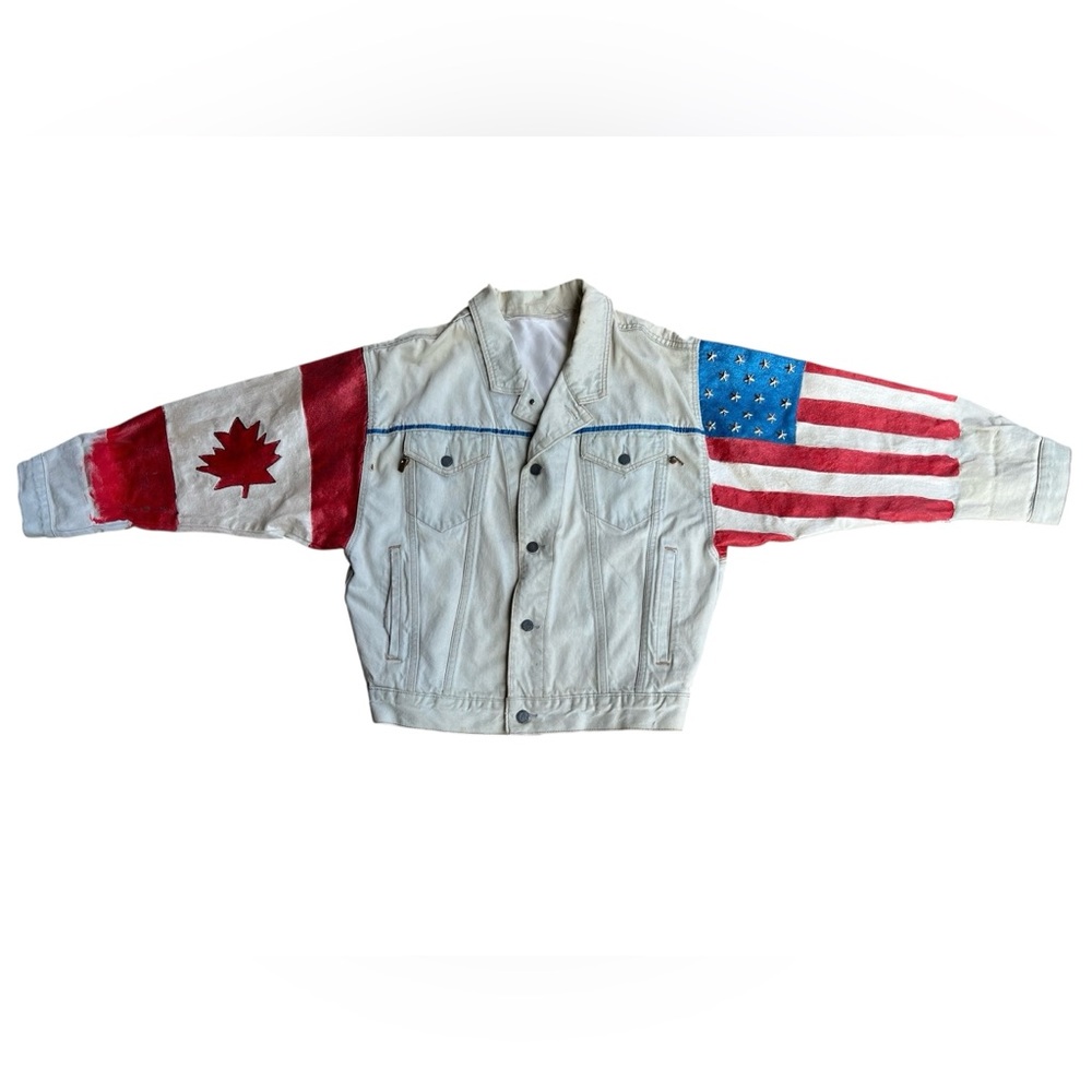 VTG 90s Y2K OOAK North America Embellished Denim Jacket Mens S Painted Studded